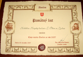 Cena mesta Zvolen za rok 2007 udelená kolektívu Krajskej knižnice Ľ. Štúra vo Zvolene